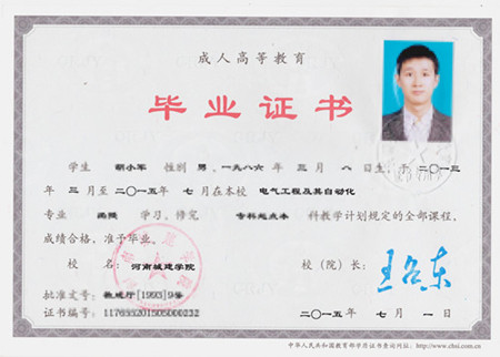 河南城建學院成人高考的畢業(yè)證照片